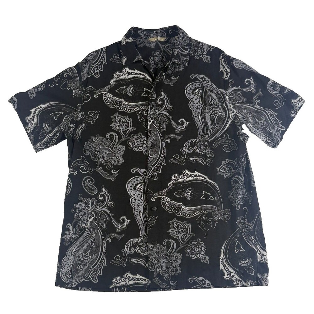 Paradise Collection Mens L 100% Silk Paisley Black Gray Aloha Resort Shirt